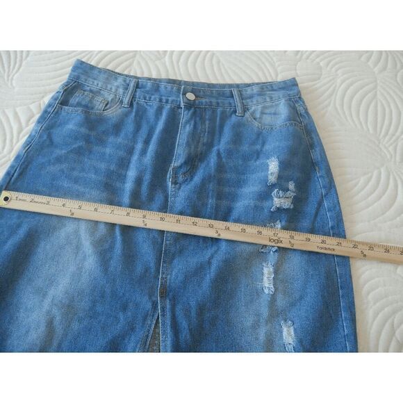 Fam Fam XL Blue Distressed Denim Skirt Front Slit Raw Hem Jean Skirt - Picture 8 of 9